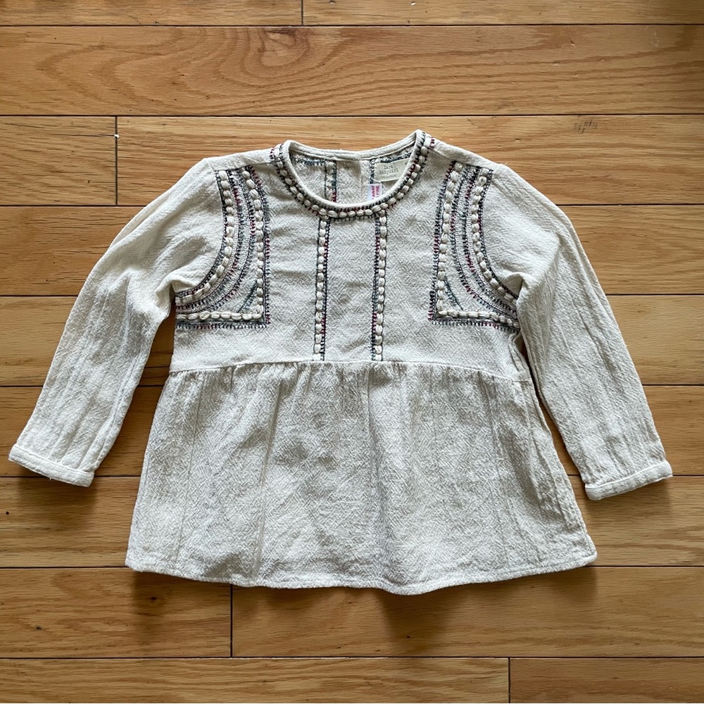 Zara Cream Long Sleeve Embroidered Blouse
